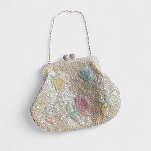 Vintage Beaded Evening Bag Purse Sequins Pastel Floral Design Iridescent Beads